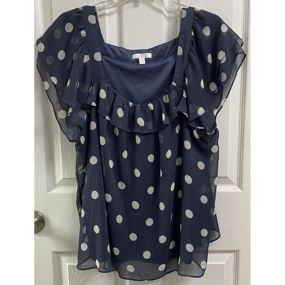LC Lauren Conrad Tops - Lauren Conrad Women Cap Sleeve Blouse Polka Dot Pullover Top Blue/White Tunic XL